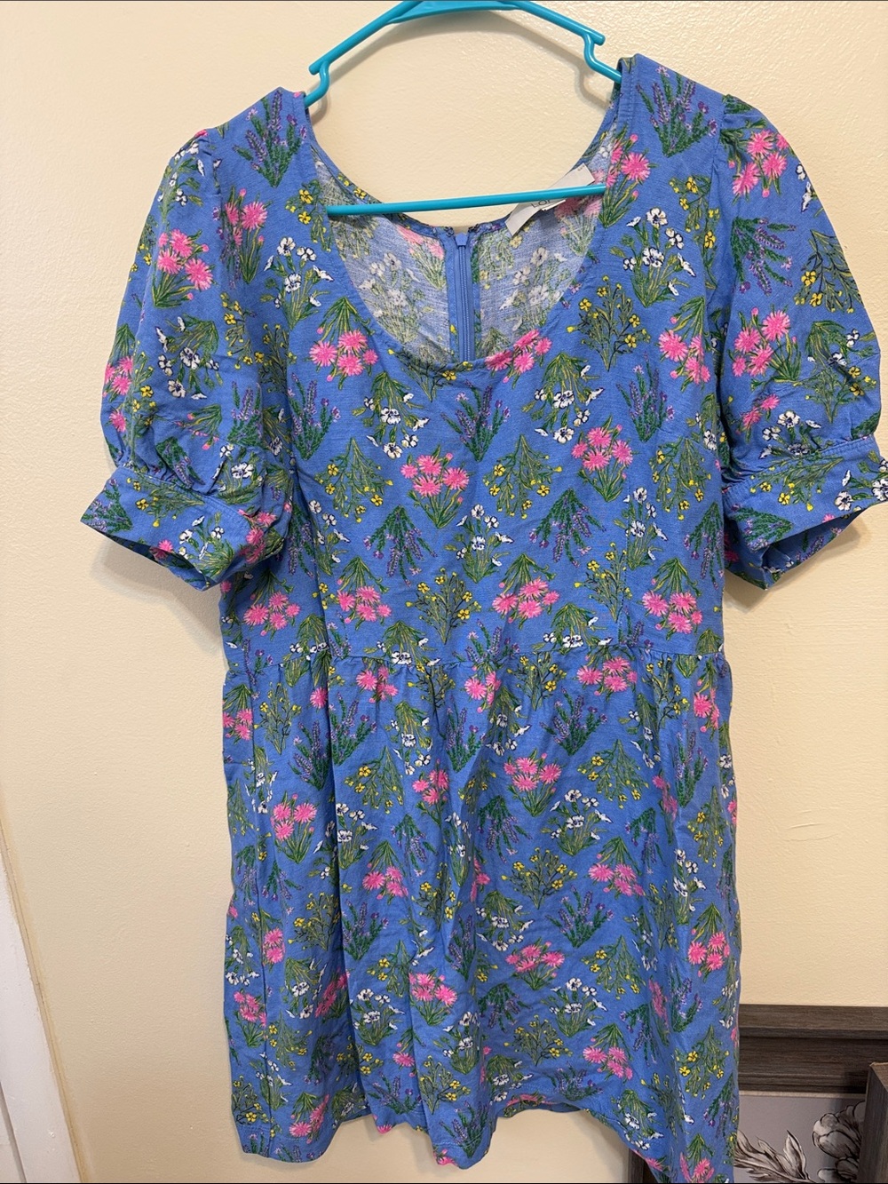 LOFT Blue Floral Midi Dress with Pink and Green Accents